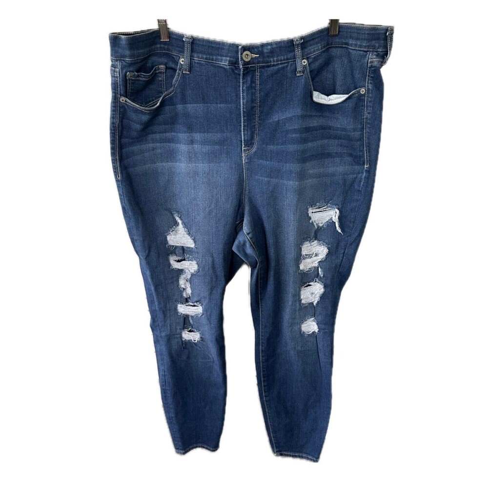 Torrid Sky High Skinny Medium Wash Distressed Elastic Waistband Denim Jeans 26R
